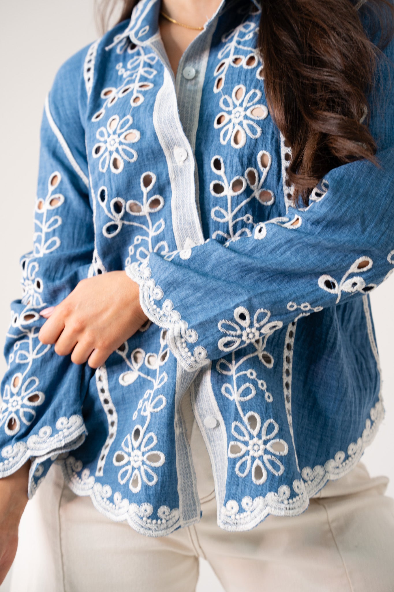 Hayley Cream Embroidered Shirt In Blue
