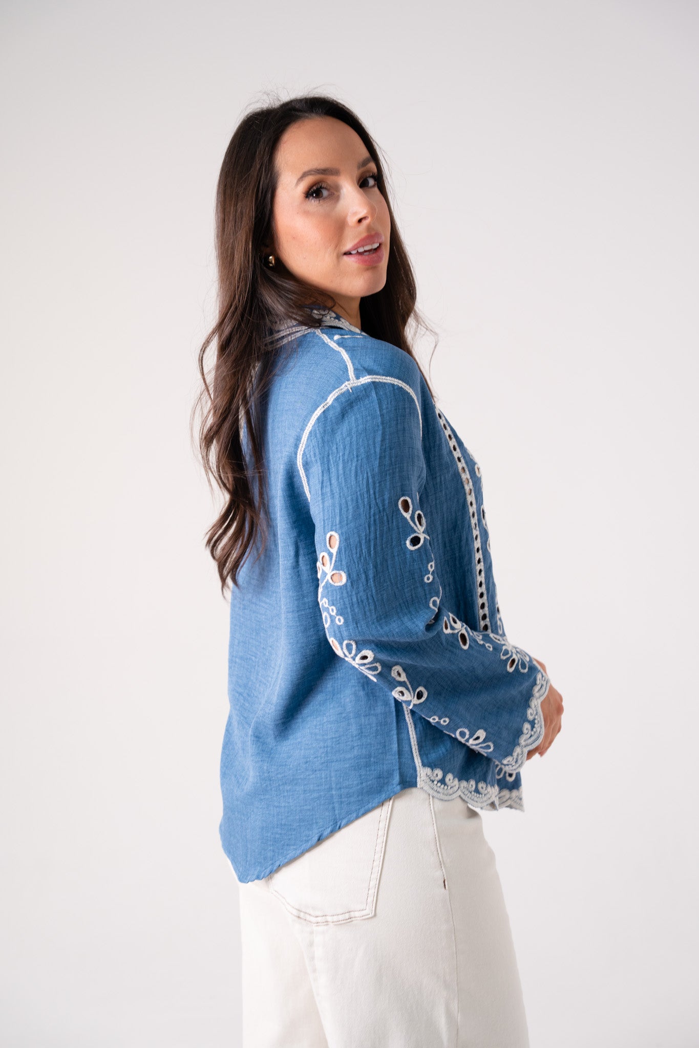 Hayley Cream Embroidered Shirt In Blue