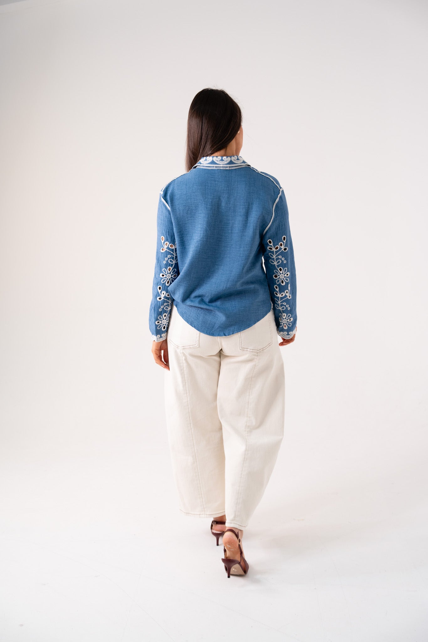 Hayley Cream Embroidered Shirt In Blue