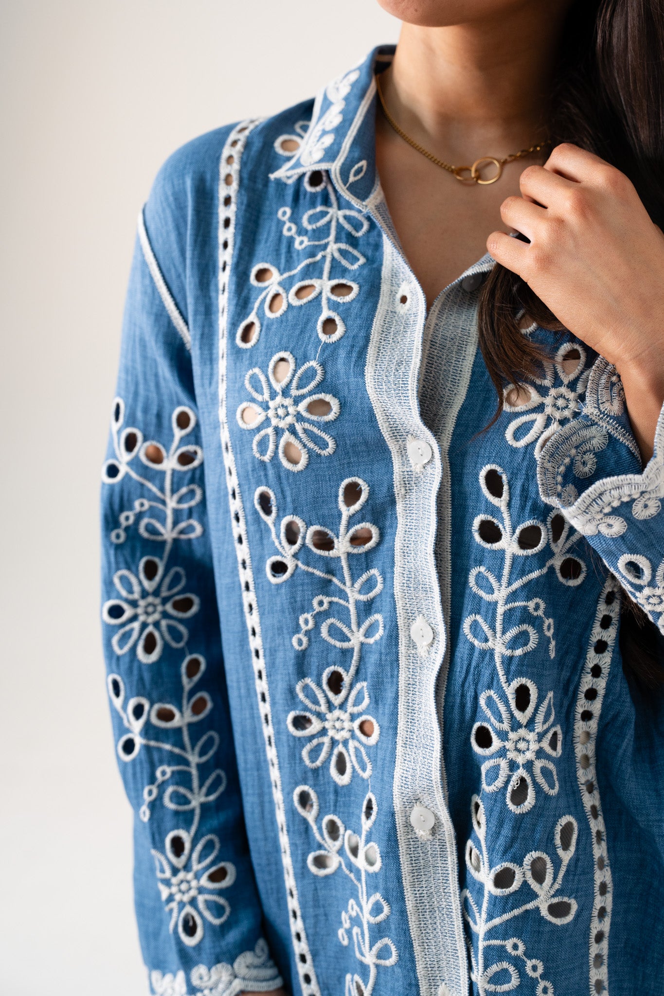 Hayley Cream Embroidered Shirt In Blue