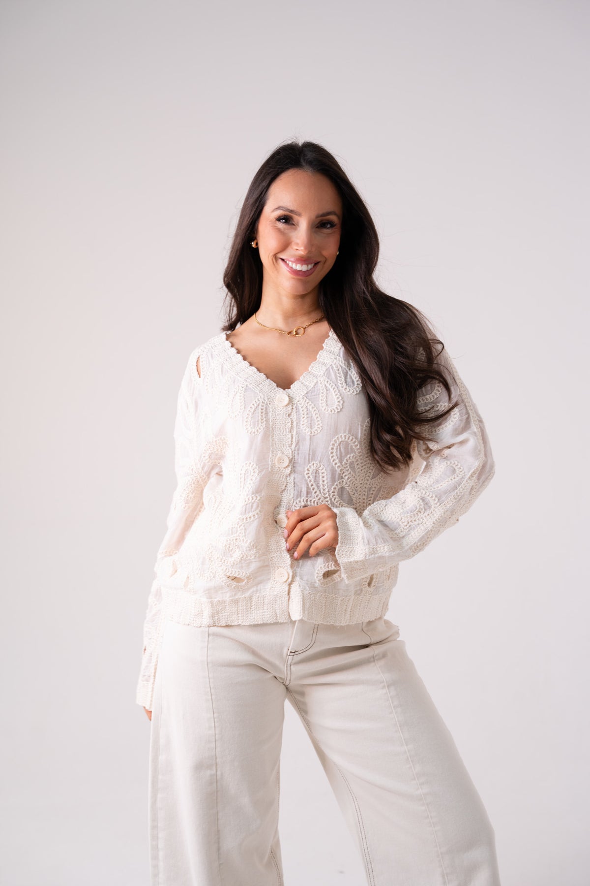 Hayley Embroidered Cardigan In Neutral