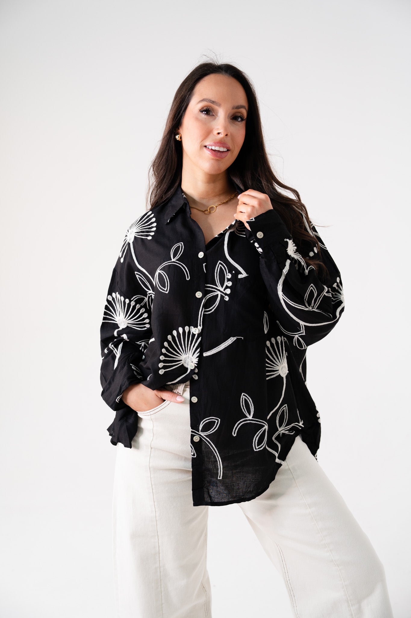 Hayley Floral Embroidered Shirt In Black