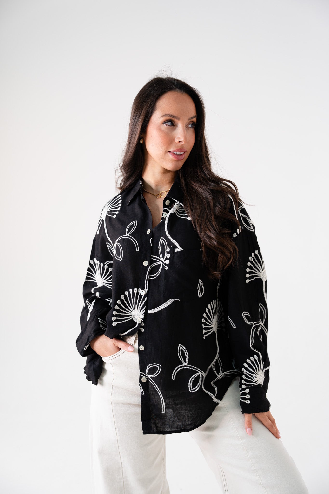 Hayley Floral Embroidered Shirt In Black