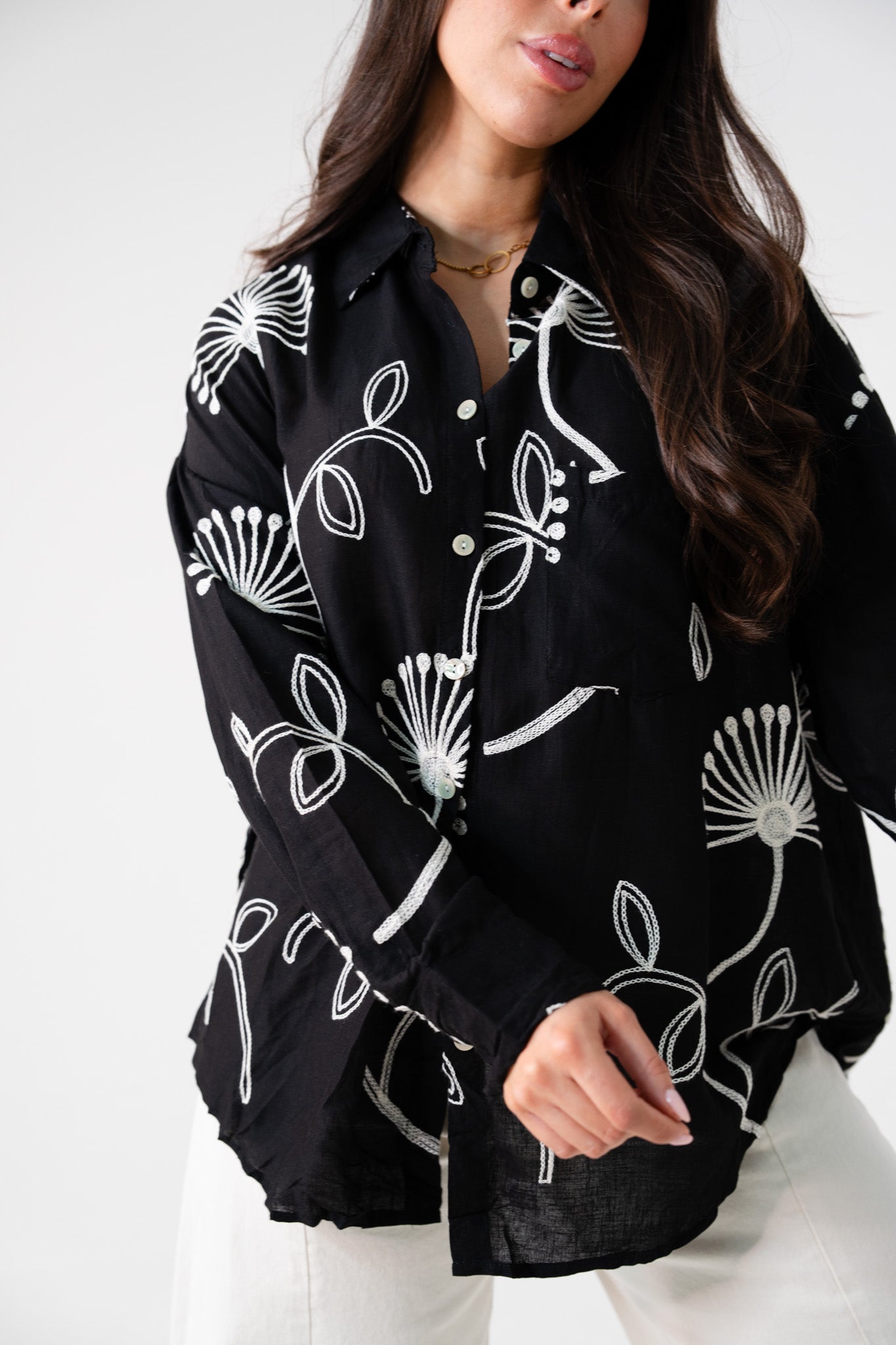 Hayley Floral Embroidered Shirt In Black
