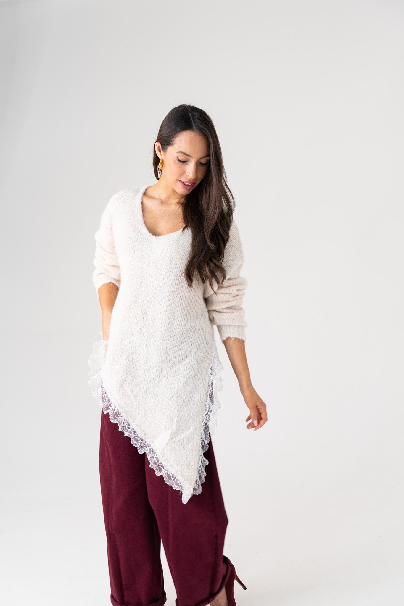 Holly Asymmetric Lace Trim Jumper In Neutral