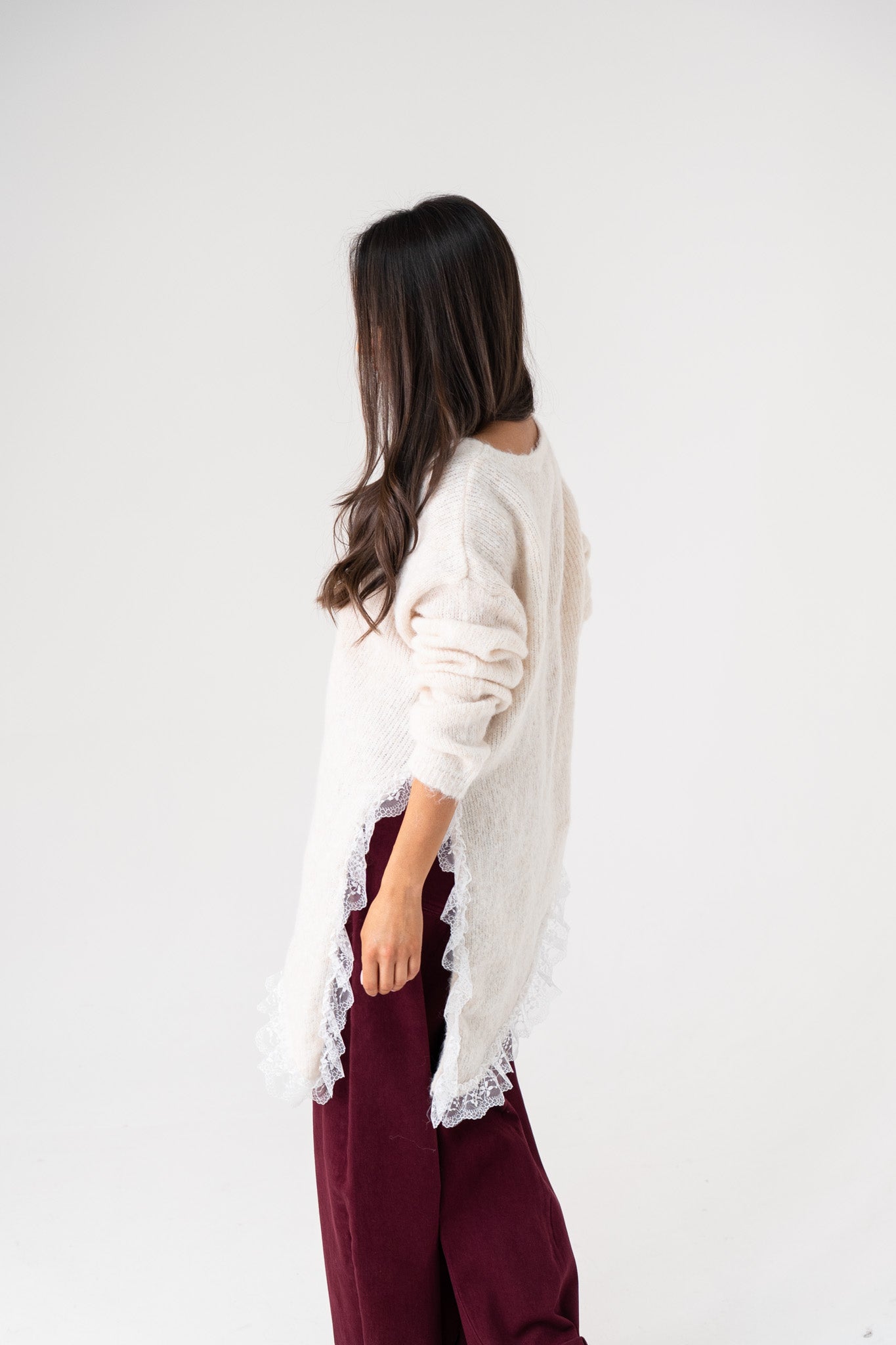 Holly Asymmetric Lace Trim Jumper In Neutral