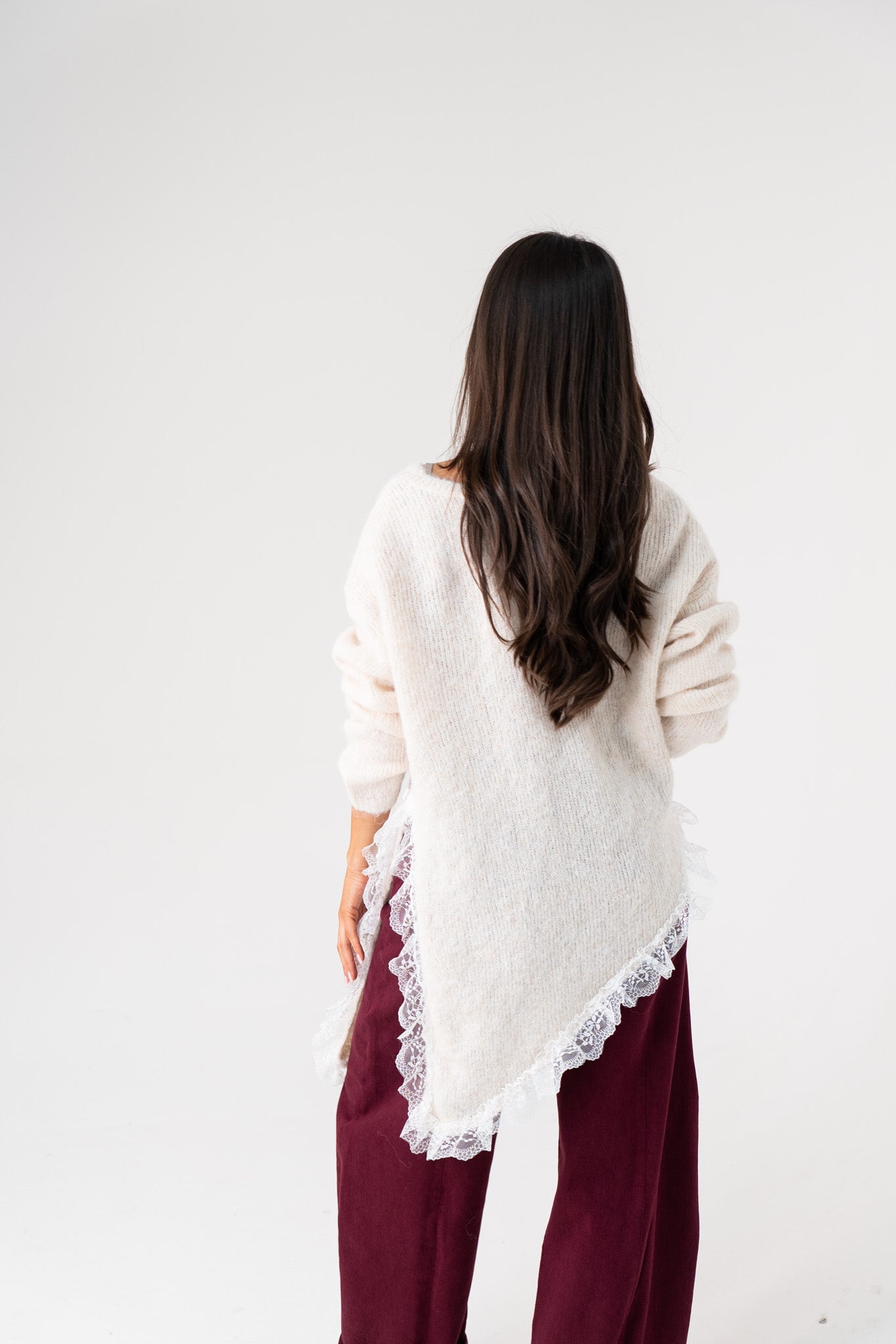 Holly Asymmetric Lace Trim Jumper In Neutral