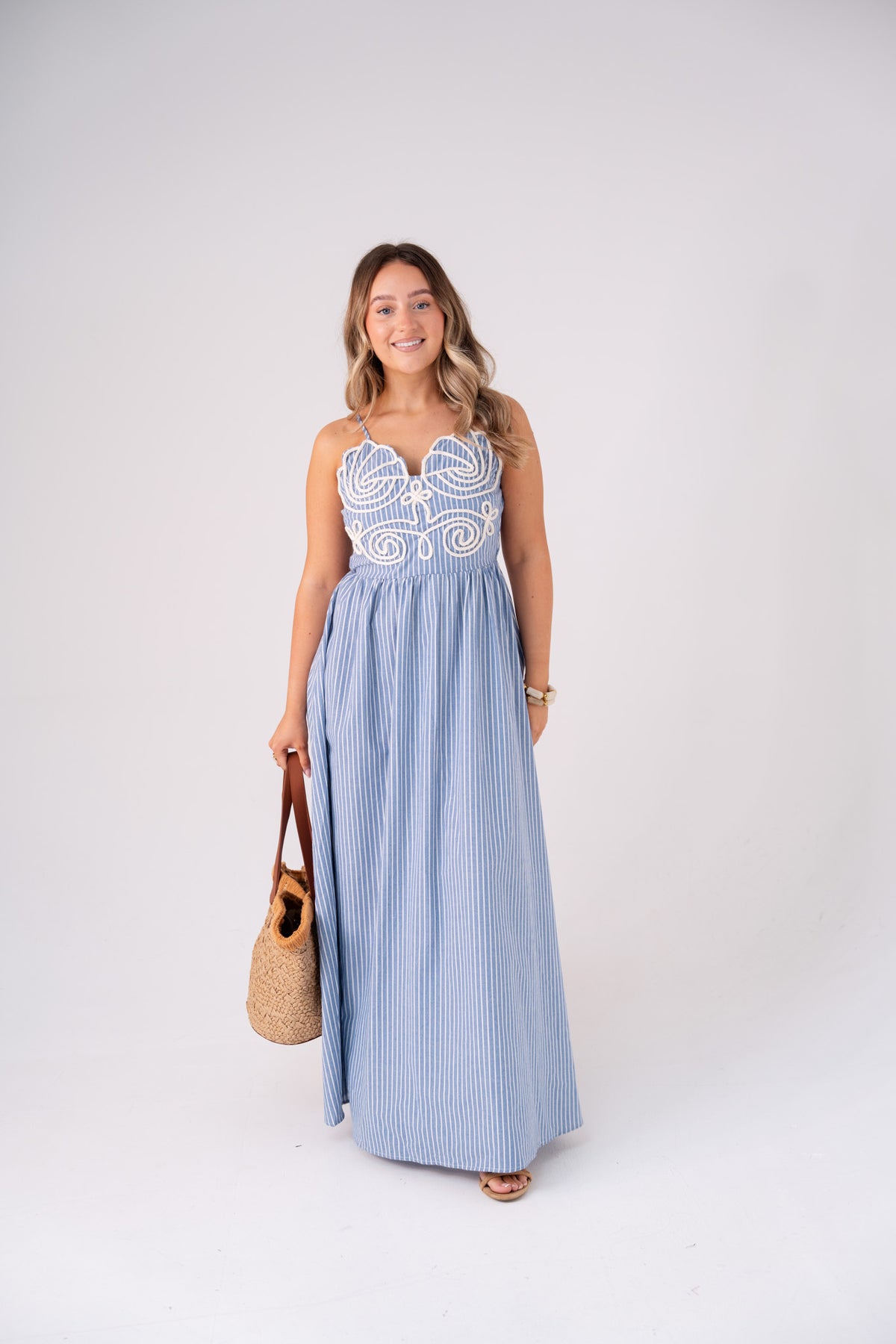 Holly Cord Detail Pinstripe Dress In Blue