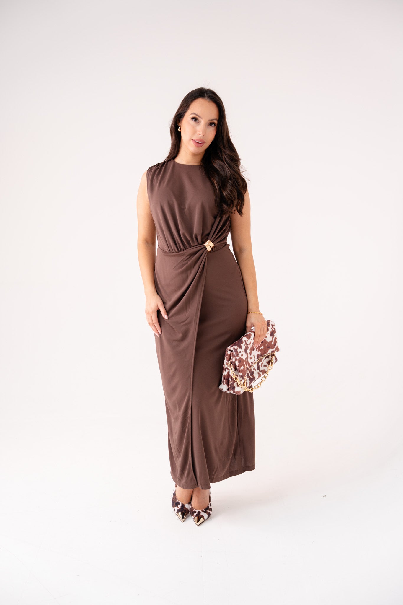 Holly Drape Front Maxi Dress In Chocolate