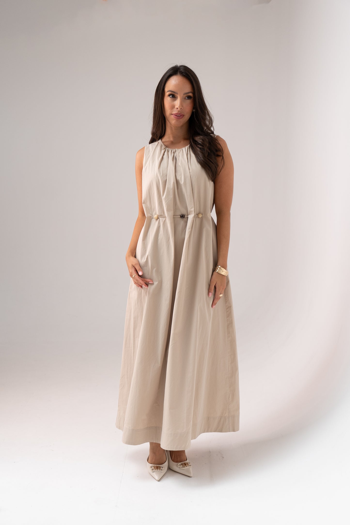 Holly Drawstring Waist Dress In Neutral