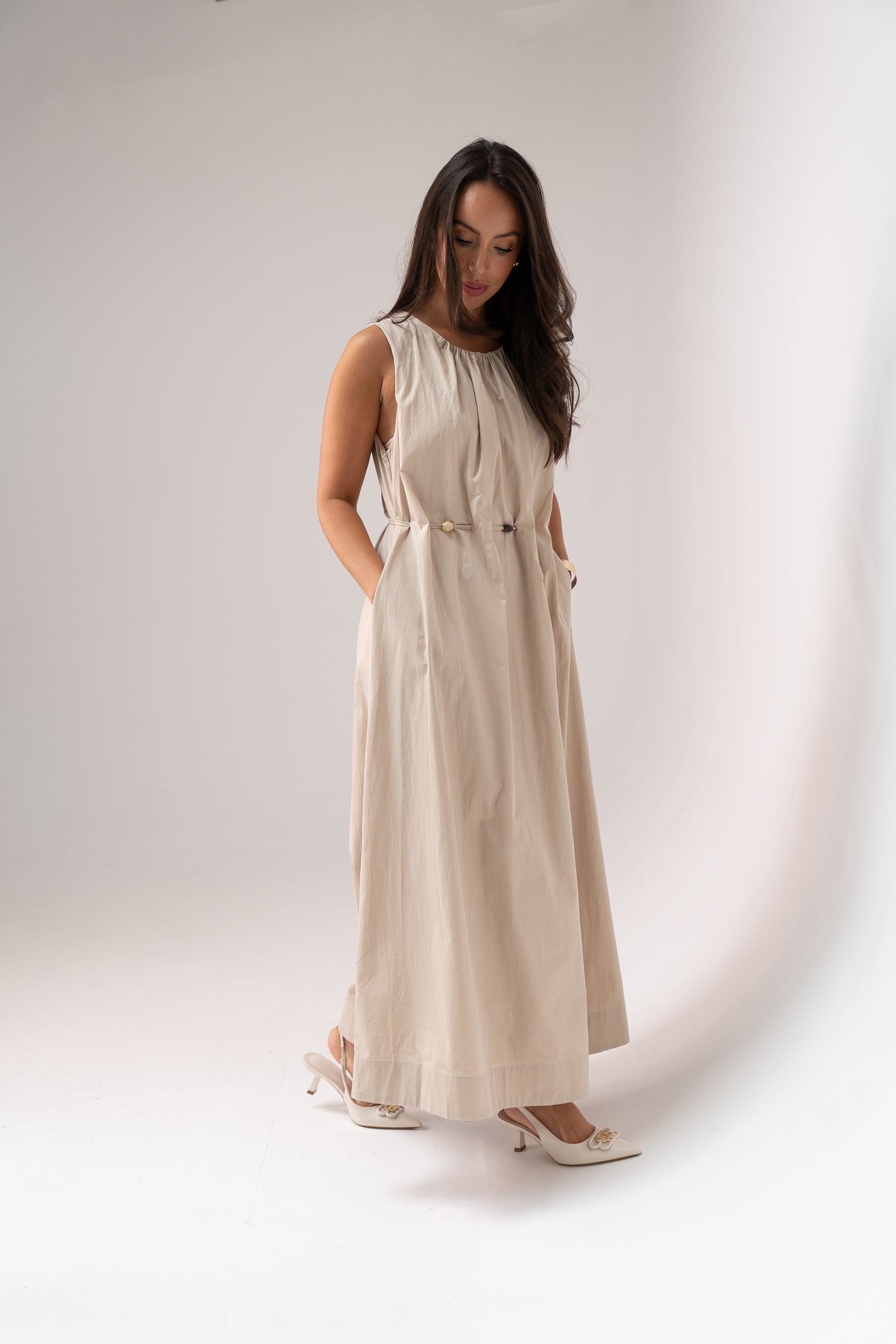 Holly Drawstring Waist Dress In Neutral