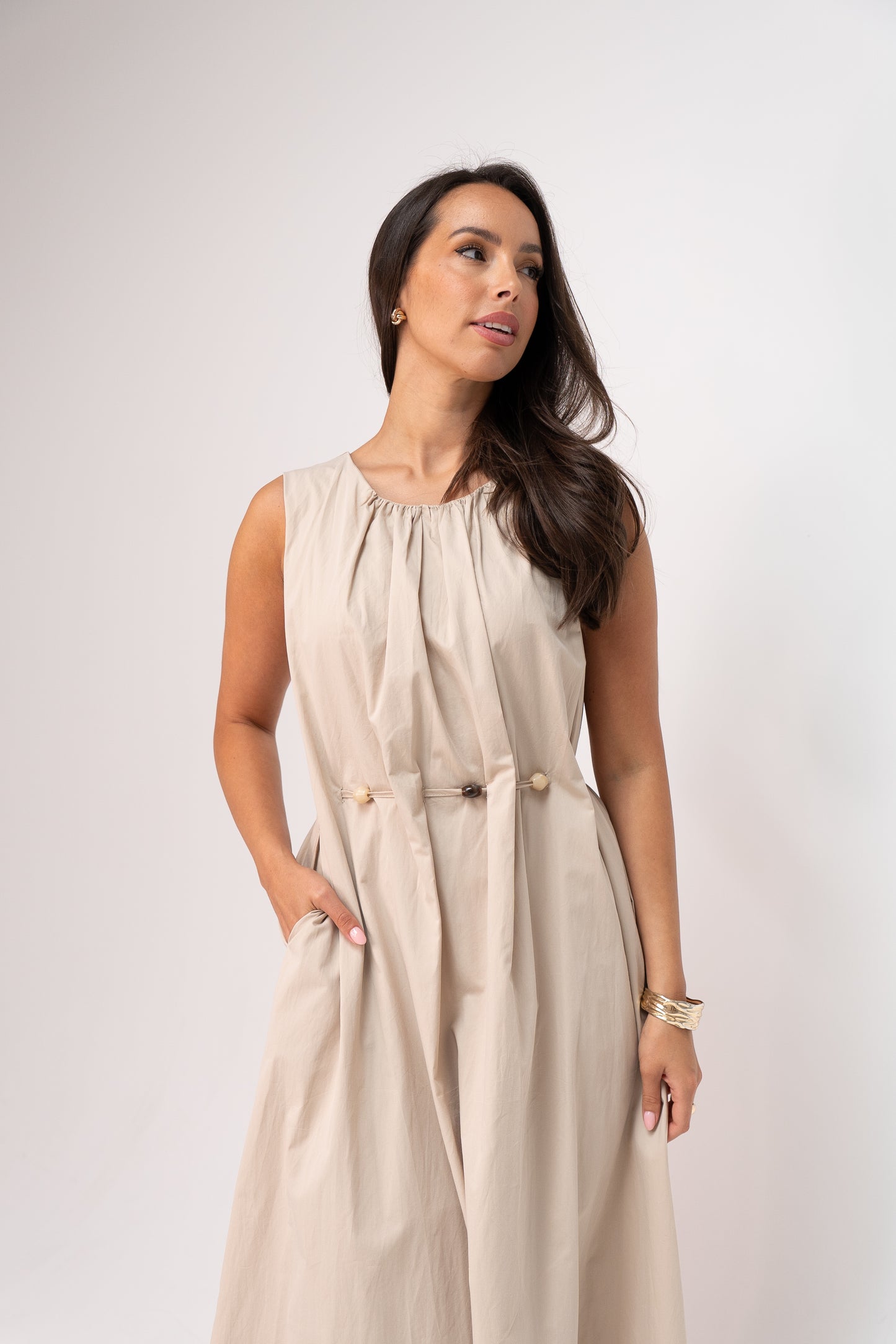 Holly Drawstring Waist Dress In Neutral