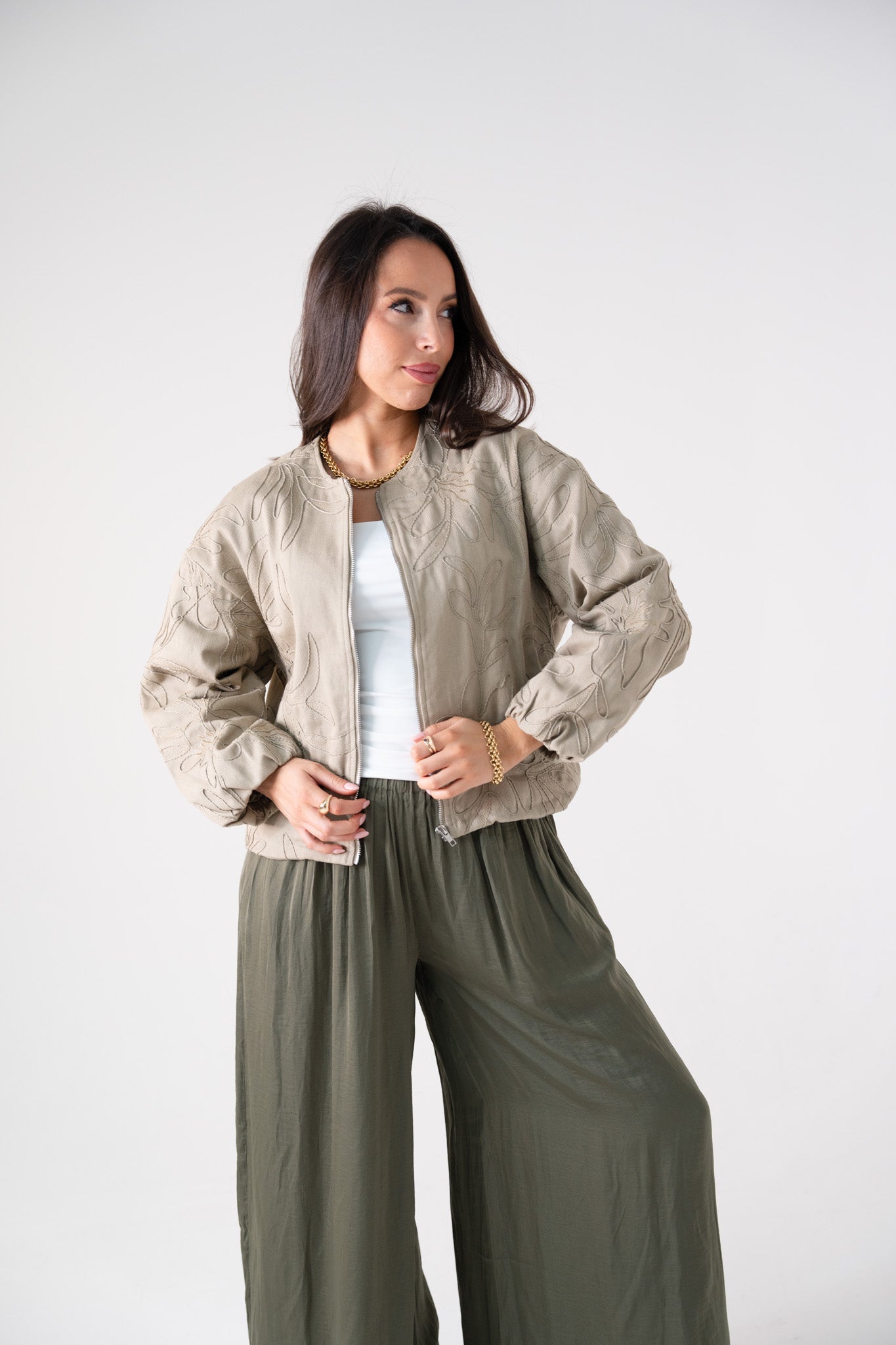 Holly Embroidered Bomber Jacket In Beige