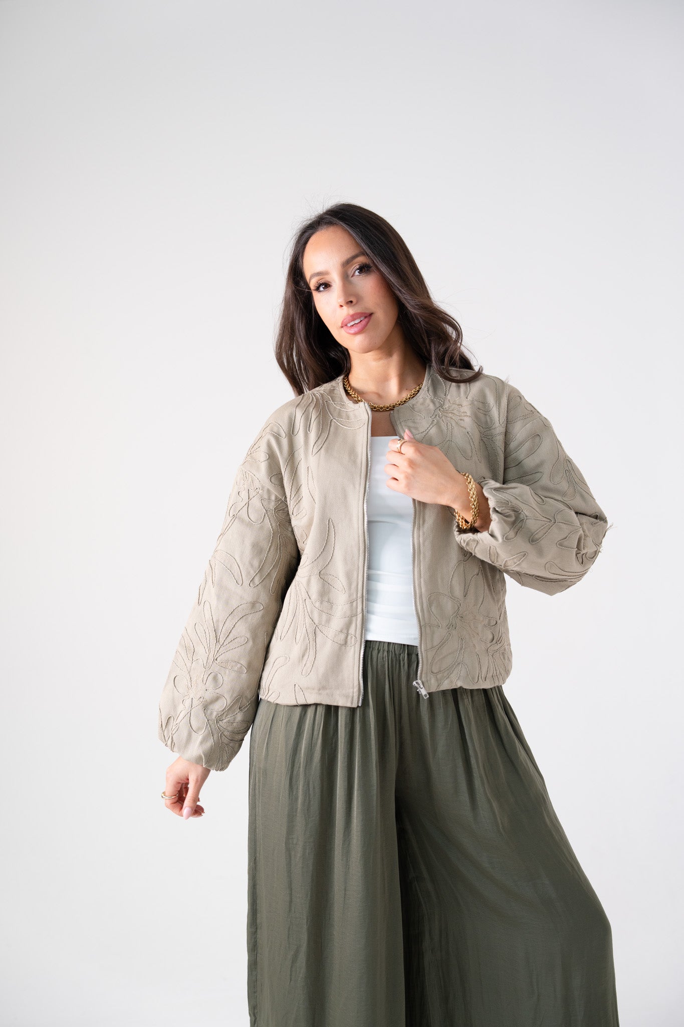 Holly Embroidered Bomber Jacket In Beige