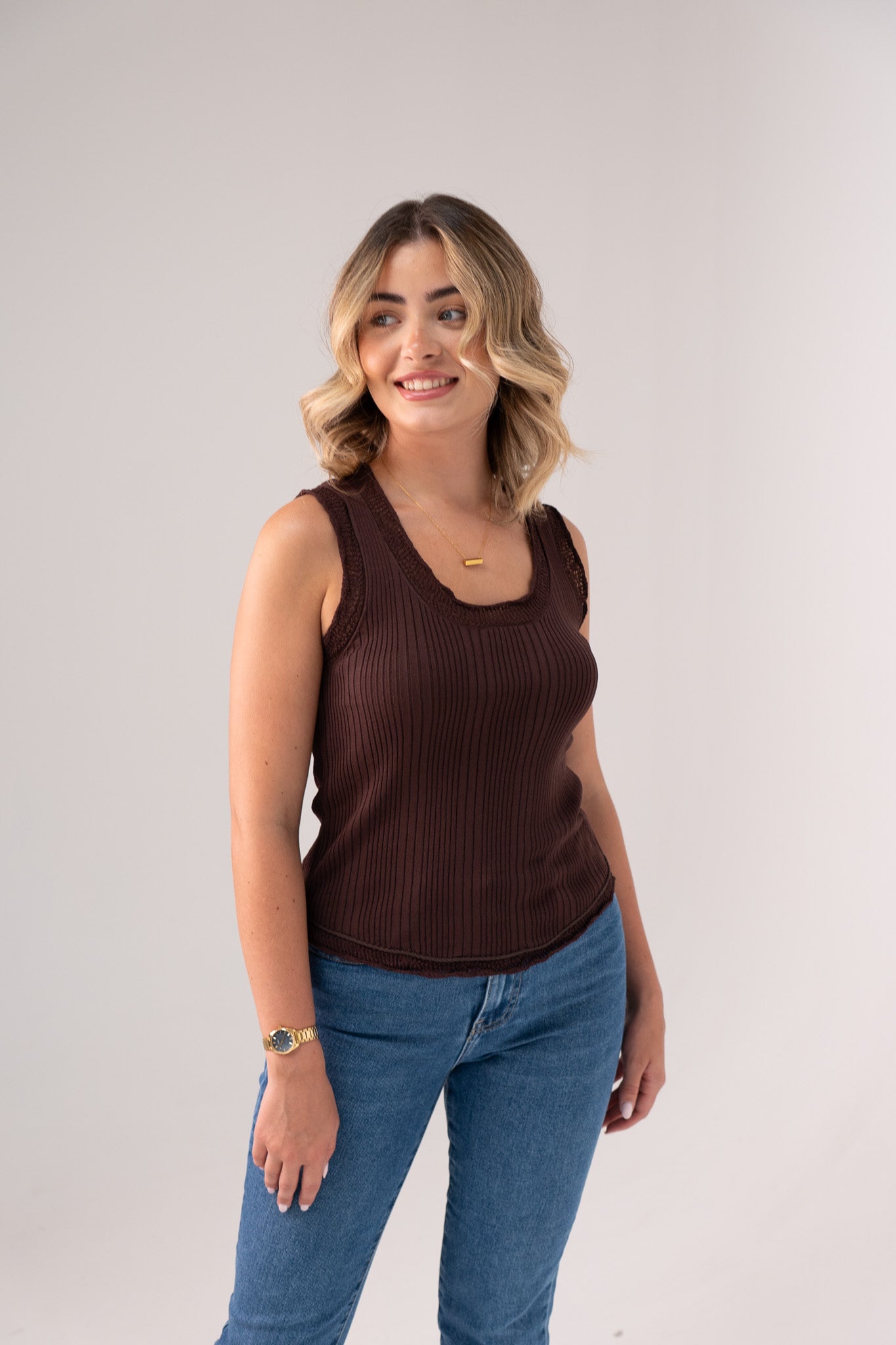 Holly Lace Trim Ribbed Vest In Chocolate