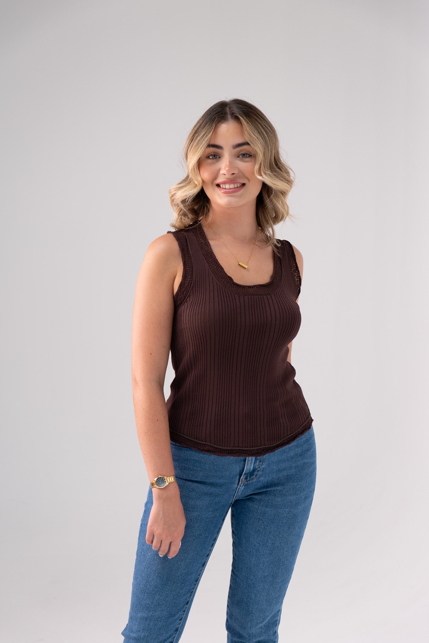 Holly Lace Trim Ribbed Vest In Chocolate