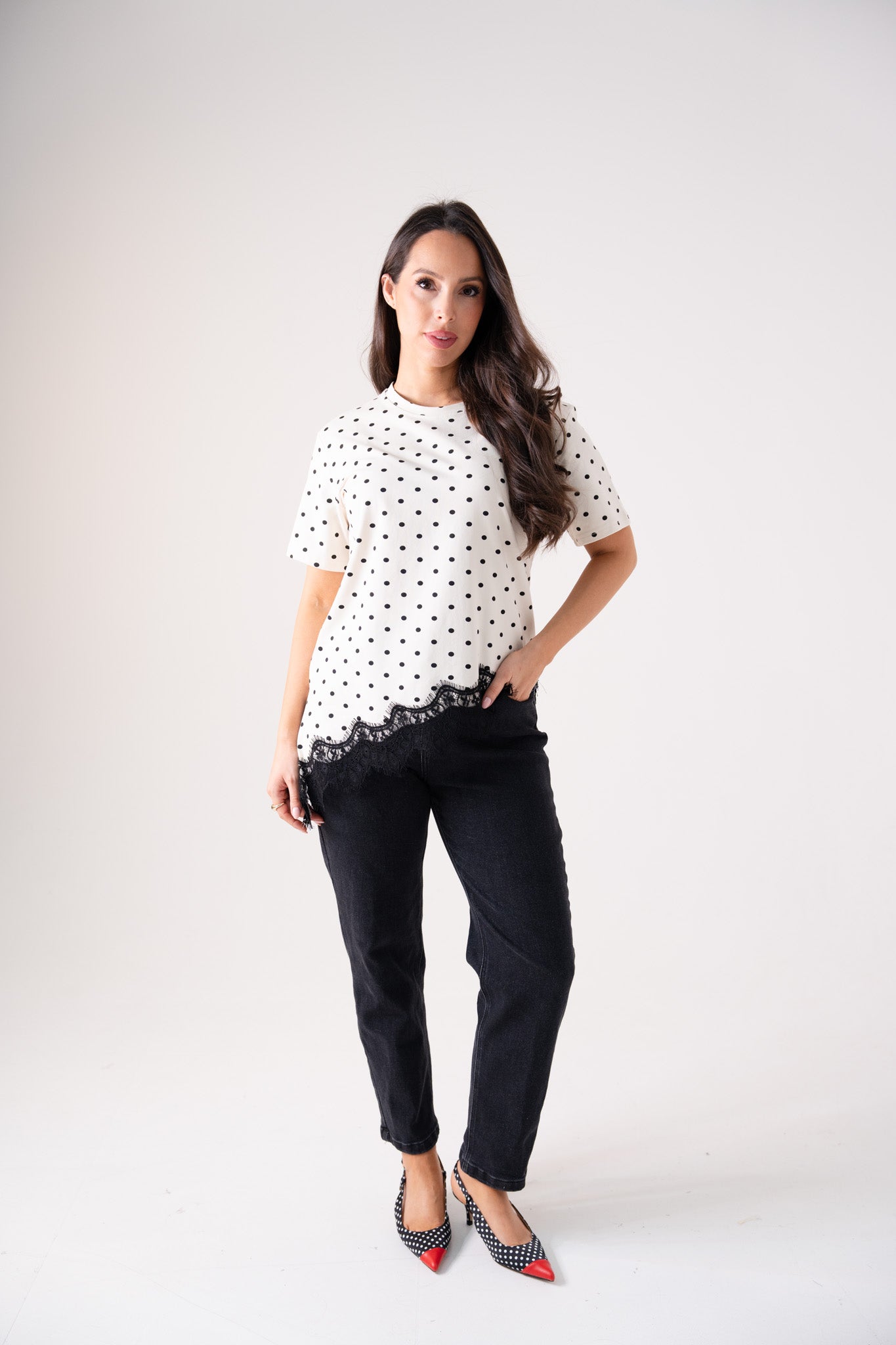 Holly Lace Trim Spotted T-Shirt In Cream