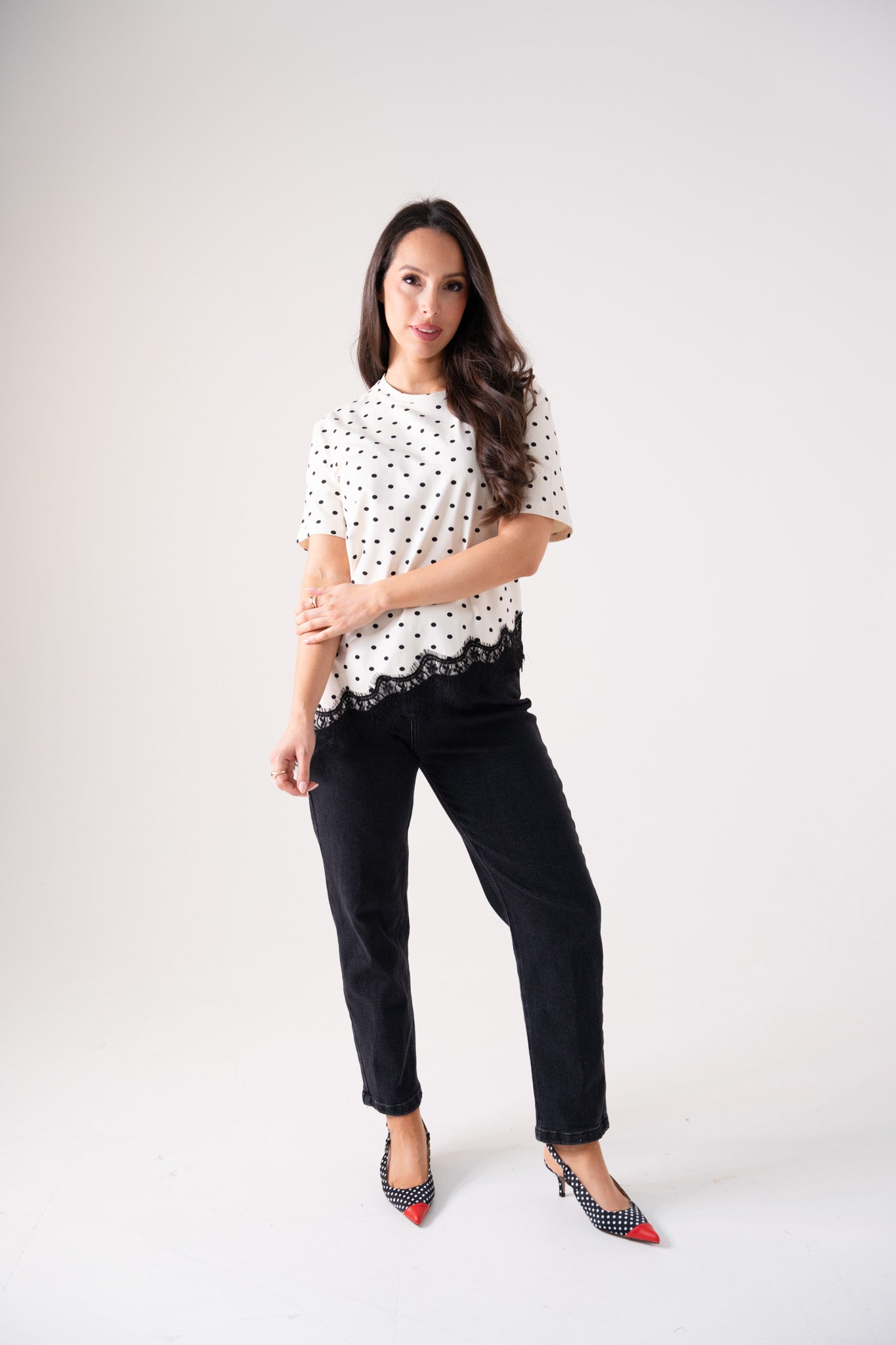 Holly Lace Trim Spotted T-Shirt In Cream