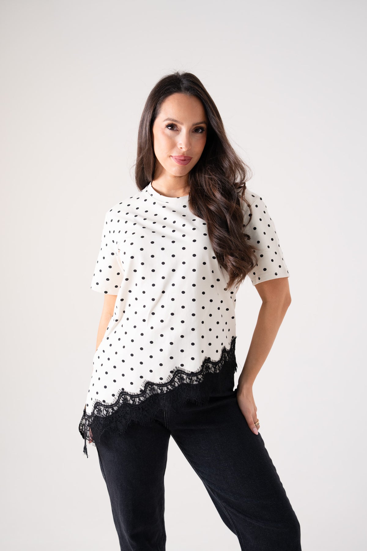Holly Lace Trim Spotted T-Shirt In Cream