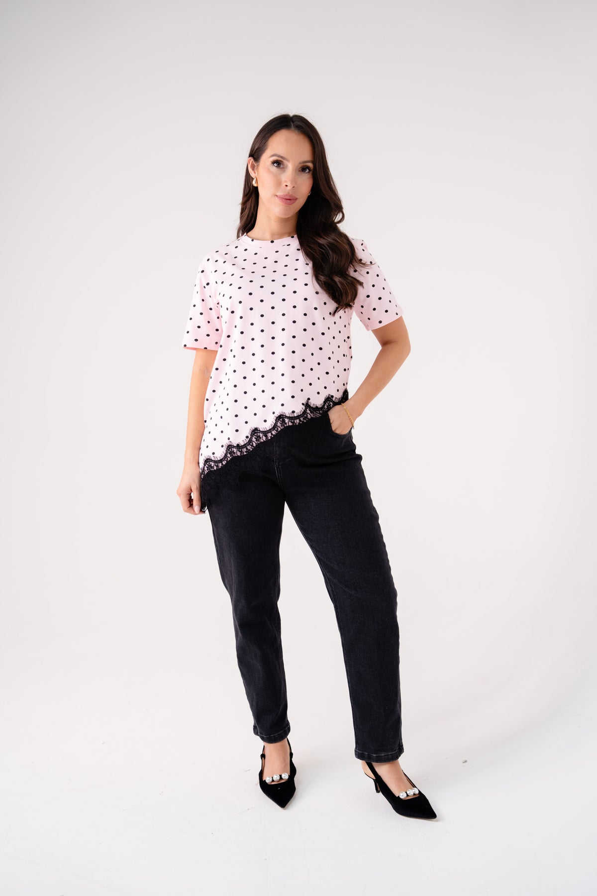 Holly Lace Trim Spotted T-Shirt In Pink