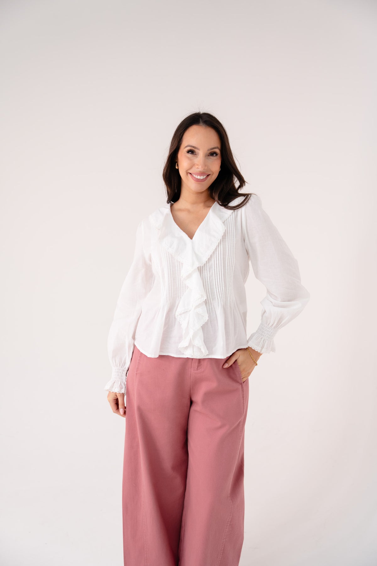 Holly Pleat & Ruffle Blouse In White