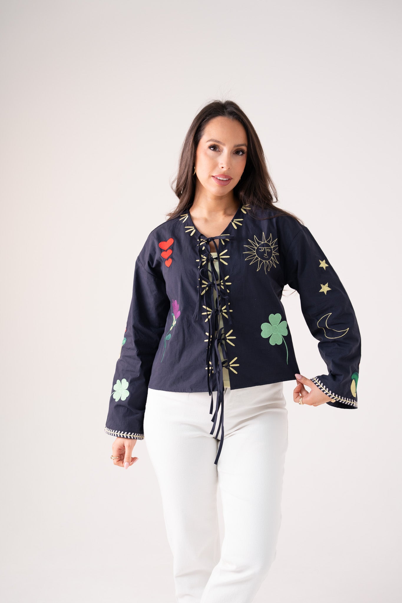 Holly Tie Front Embroidered Shirt In Navy