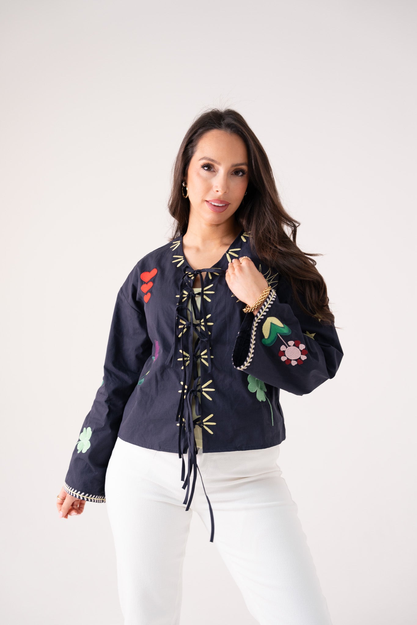 Holly Tie Front Embroidered Shirt In Navy