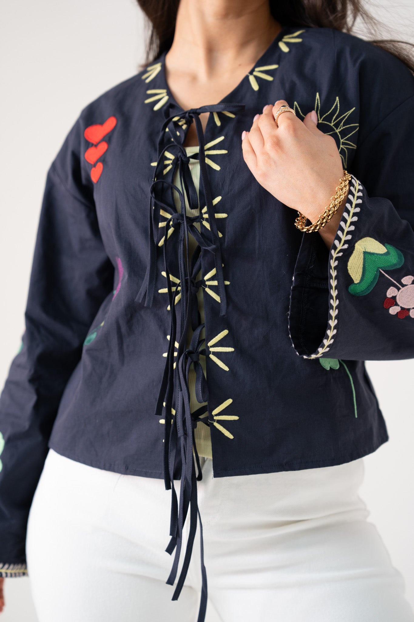 Holly Tie Front Embroidered Shirt In Navy
