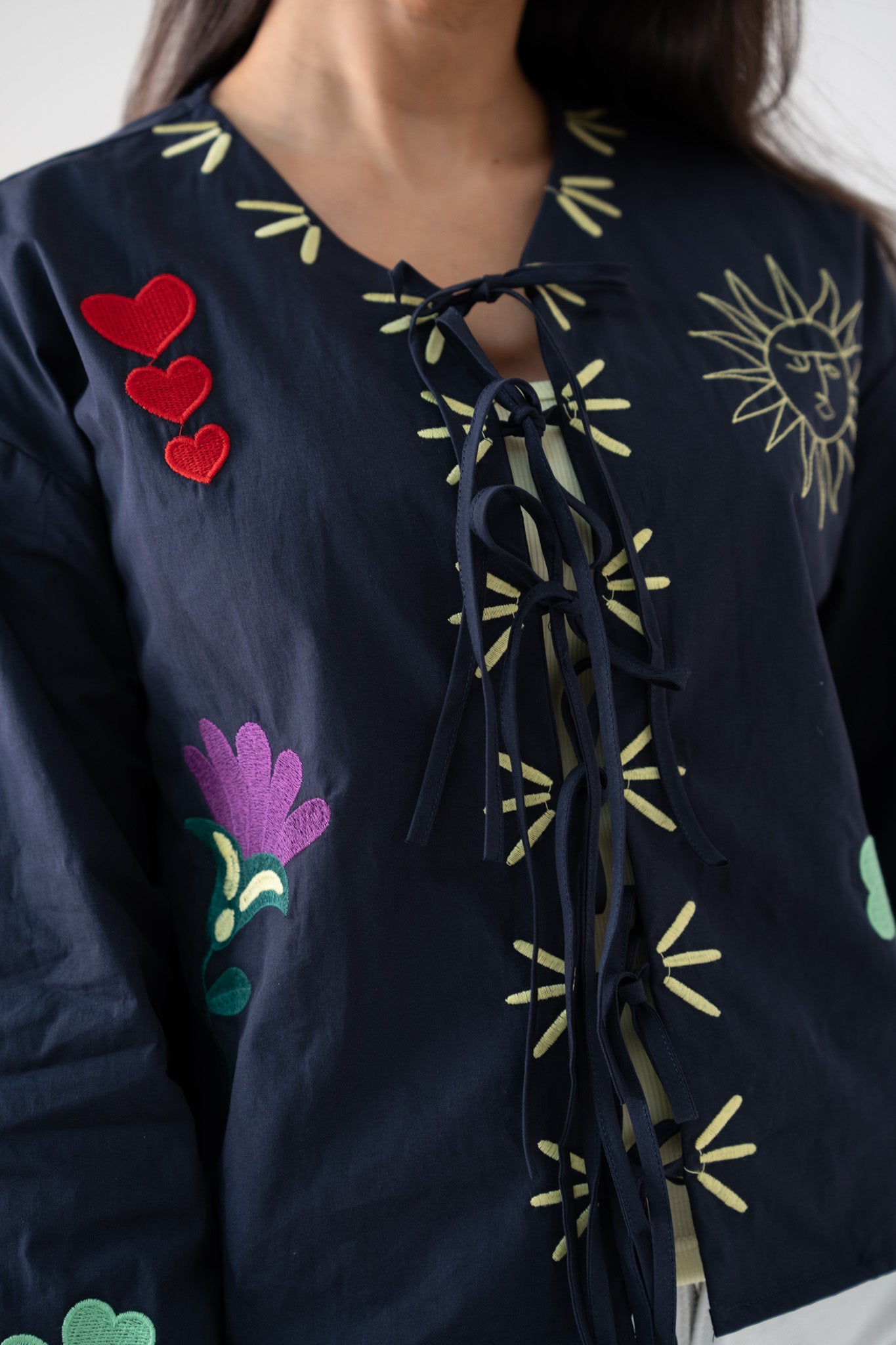 Holly Tie Front Embroidered Shirt In Navy