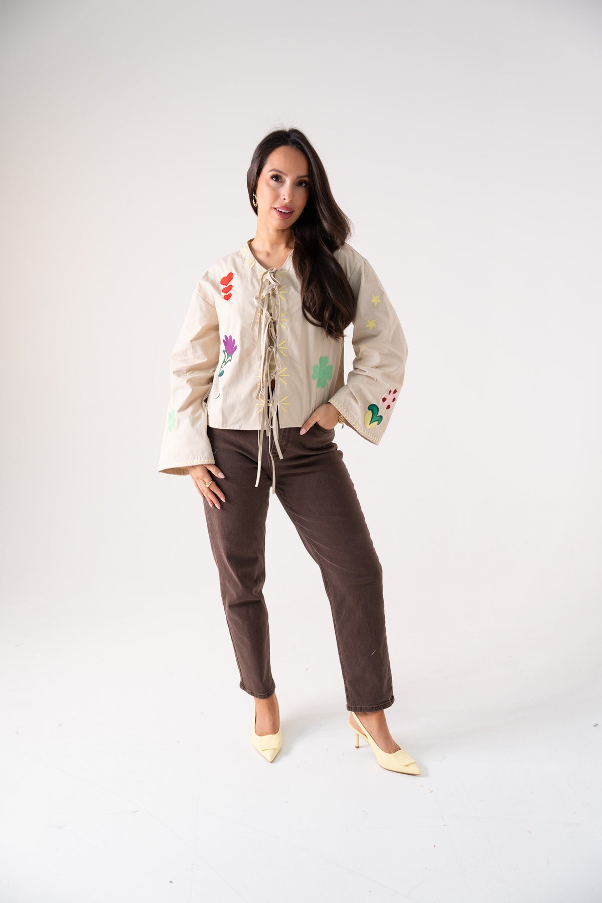 Holly Tie Front Embroidered Shirt In Neutral
