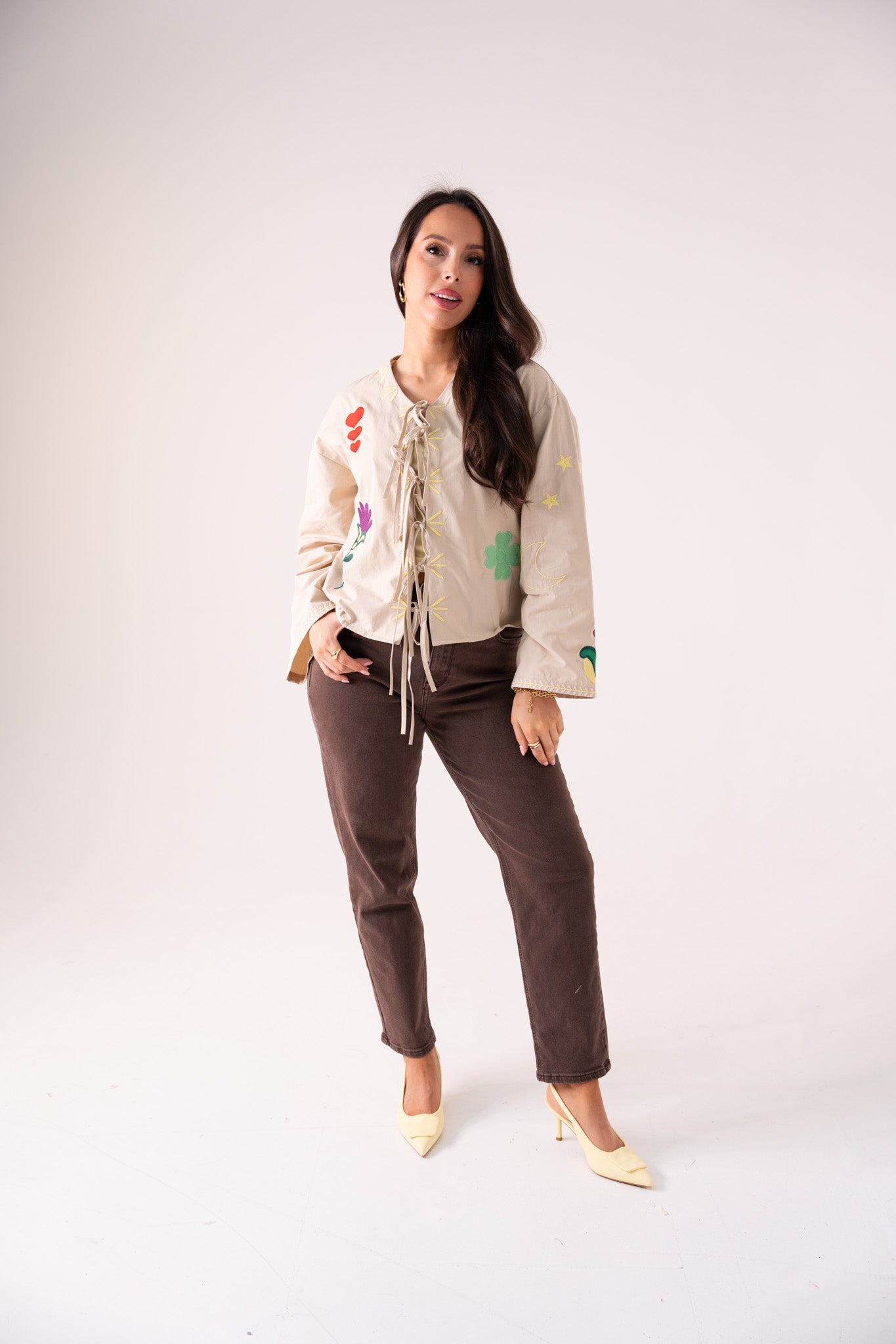 Holly Tie Front Embroidered Shirt In Neutral