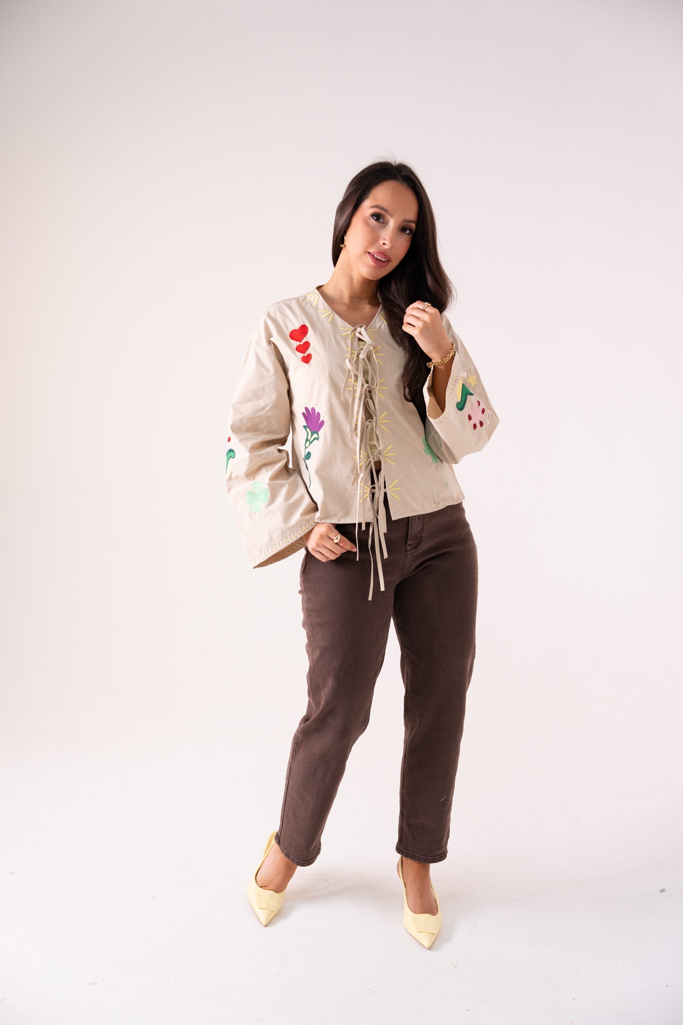 Holly Tie Front Embroidered Shirt In Neutral