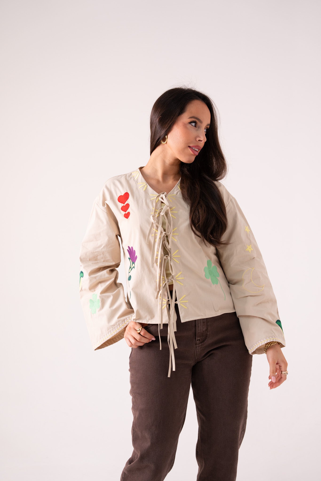Holly Tie Front Embroidered Shirt In Neutral