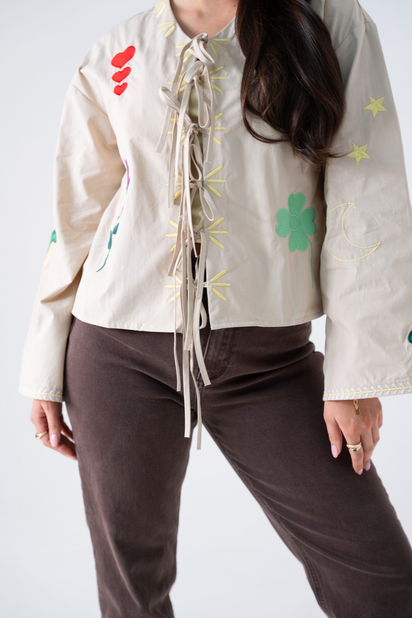 Holly Tie Front Embroidered Shirt In Neutral