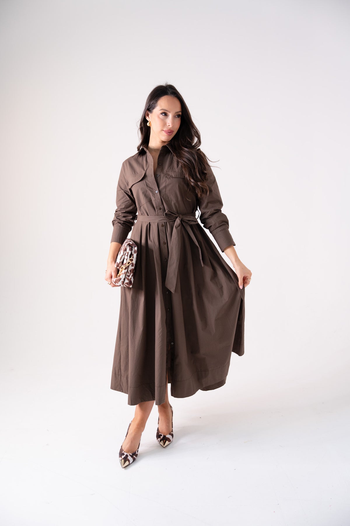 Holly Tie Waist Shirt Dress In Chocolate