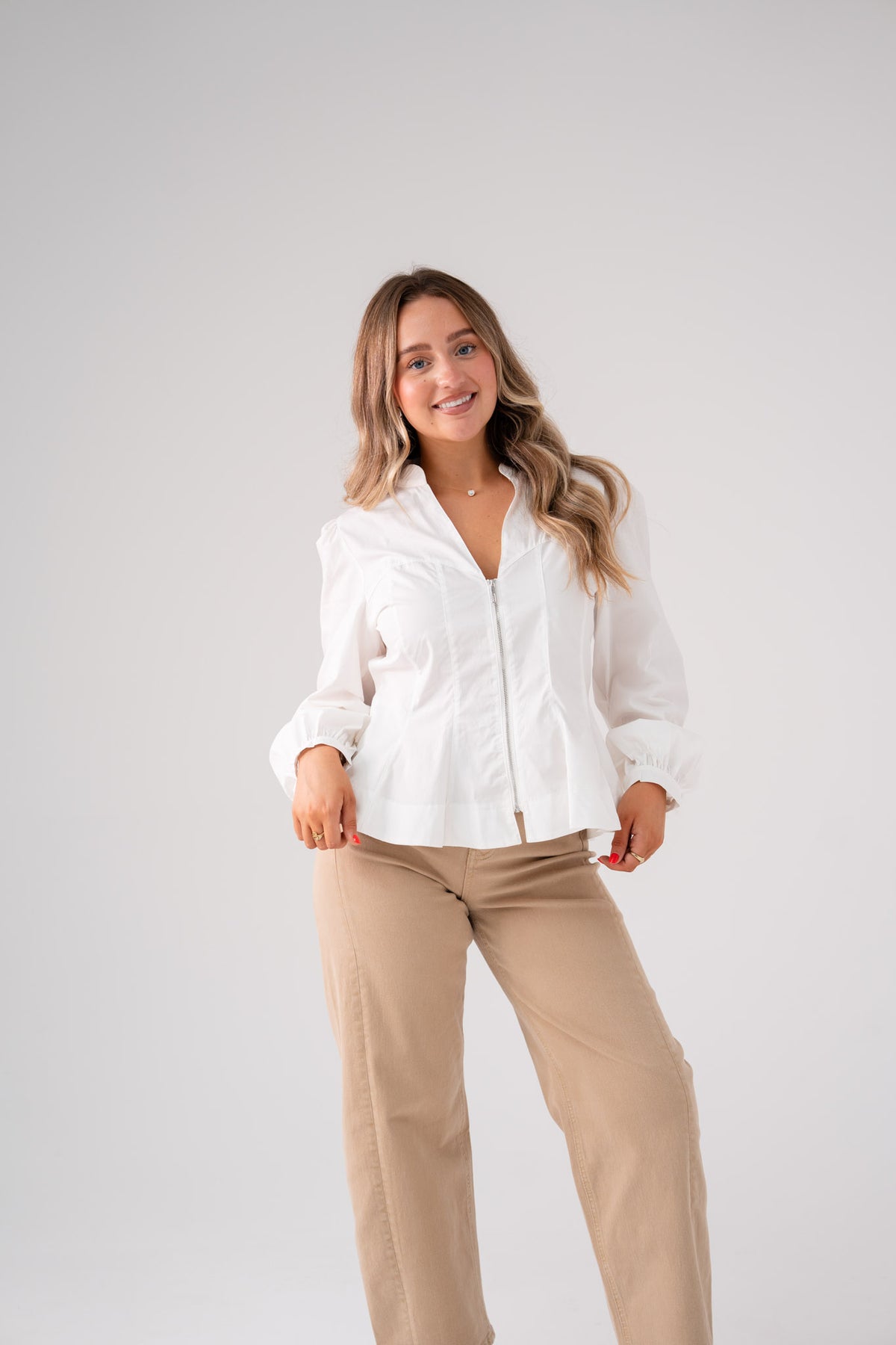 Holly Zip Front Blouse In White