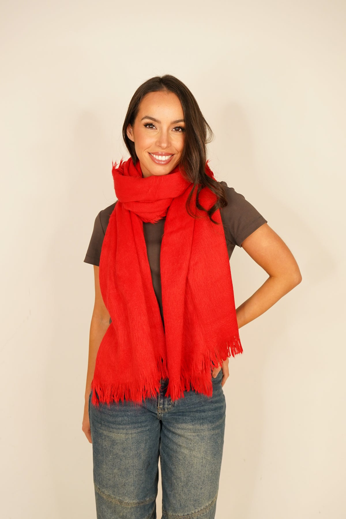 Polly Fray Trim Scarf In Red