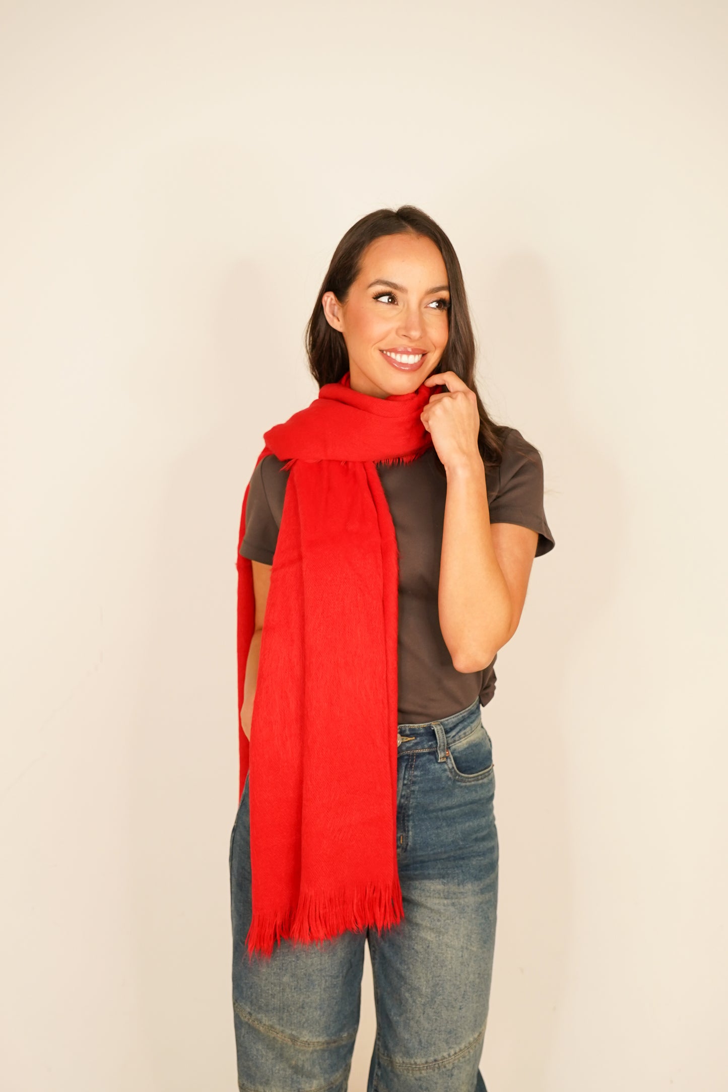 Polly Fray Trim Scarf In Red