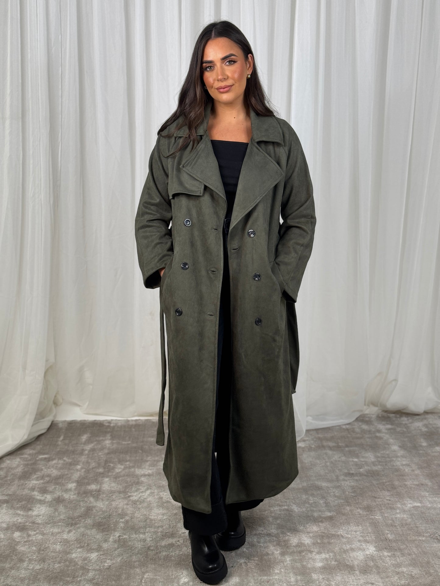 Caitlyn Faux Suede Trench Coat In Khaki