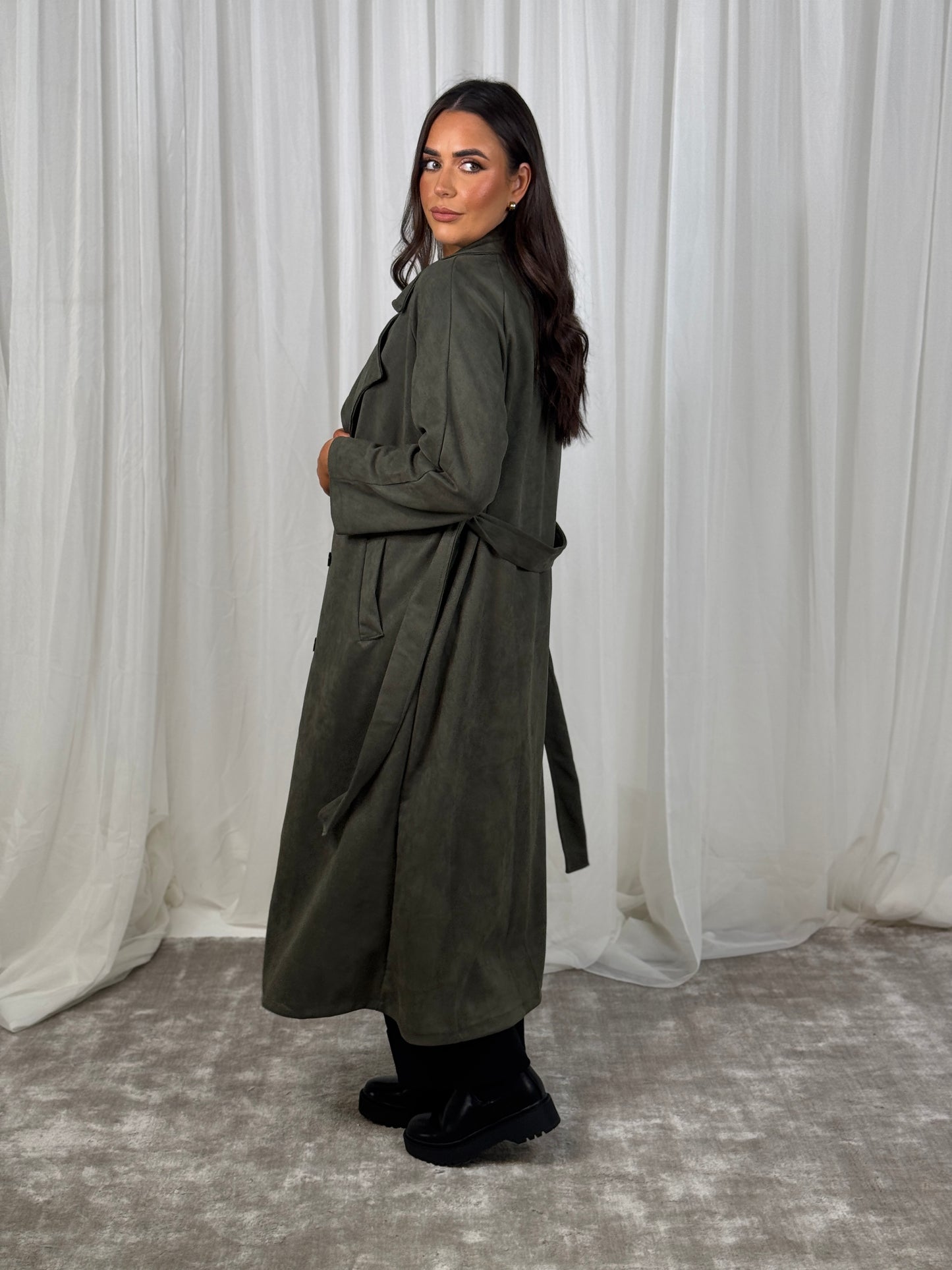 Caitlyn Faux Suede Trench Coat In Khaki