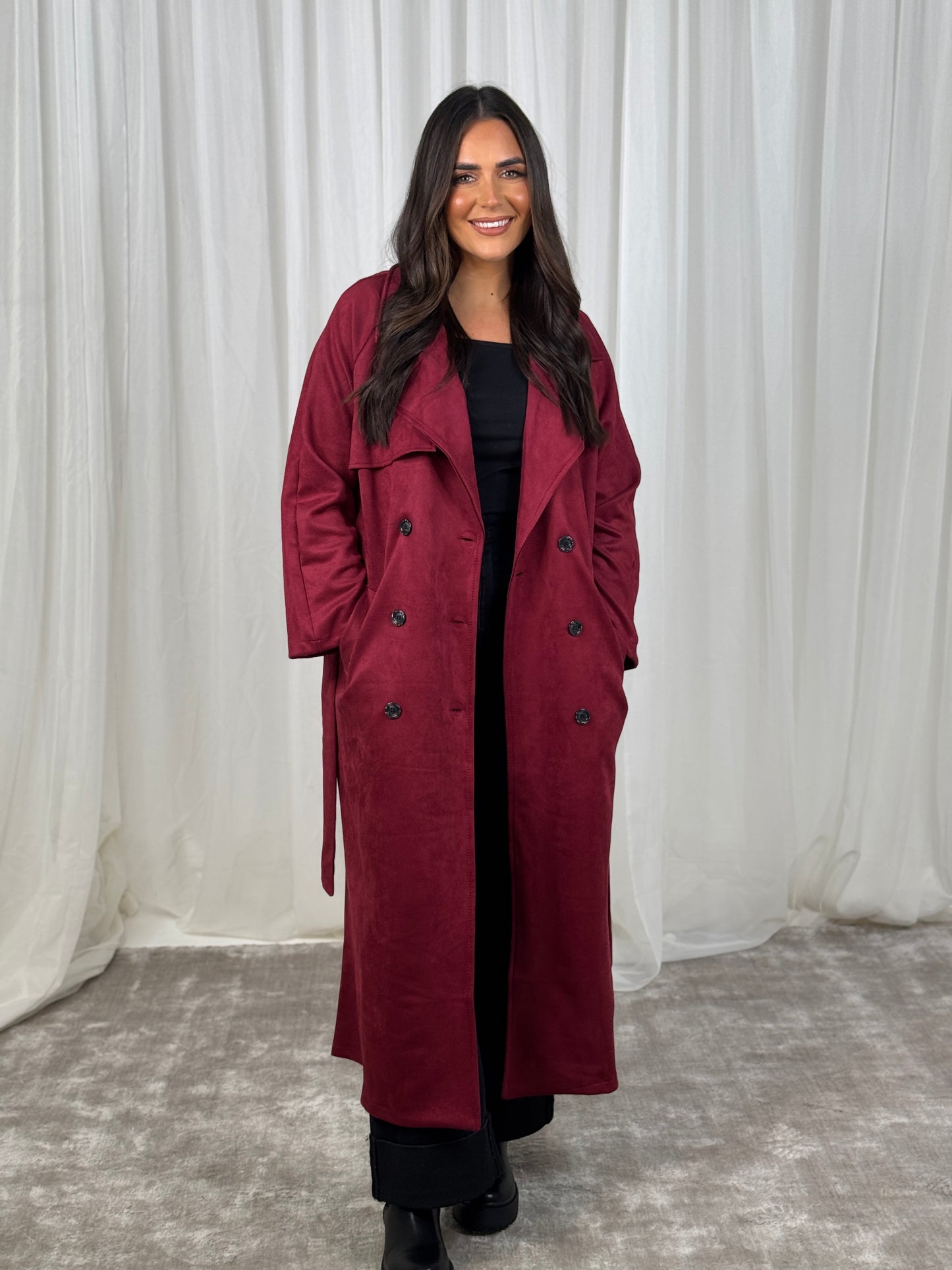 Caitlyn Faux Suede Trench Coat In Bordeaux