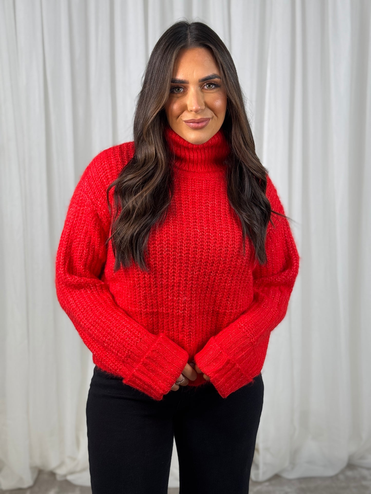 Caitlyn Ribbed Knit Polo Neck In Red