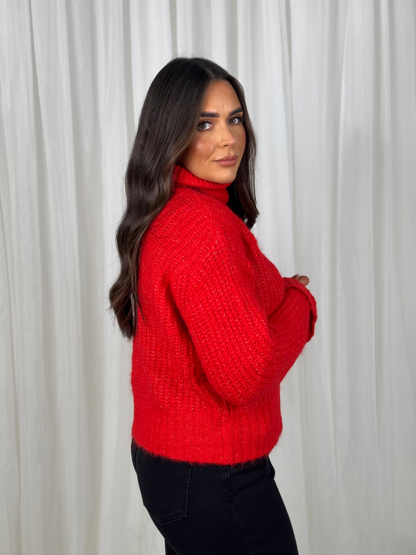 Caitlyn Ribbed Knit Polo Neck In Red