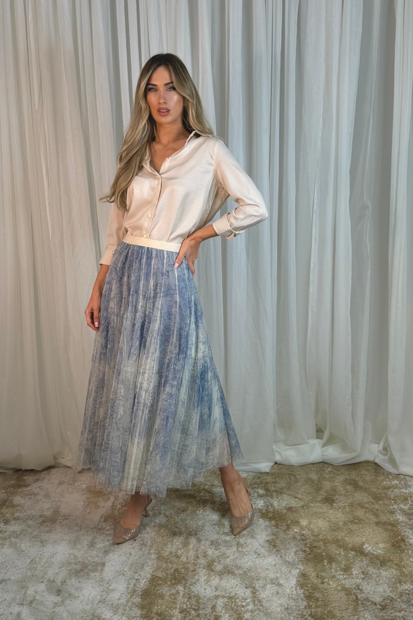 Carolyn Printed Tulle Skirt In Blue Mix