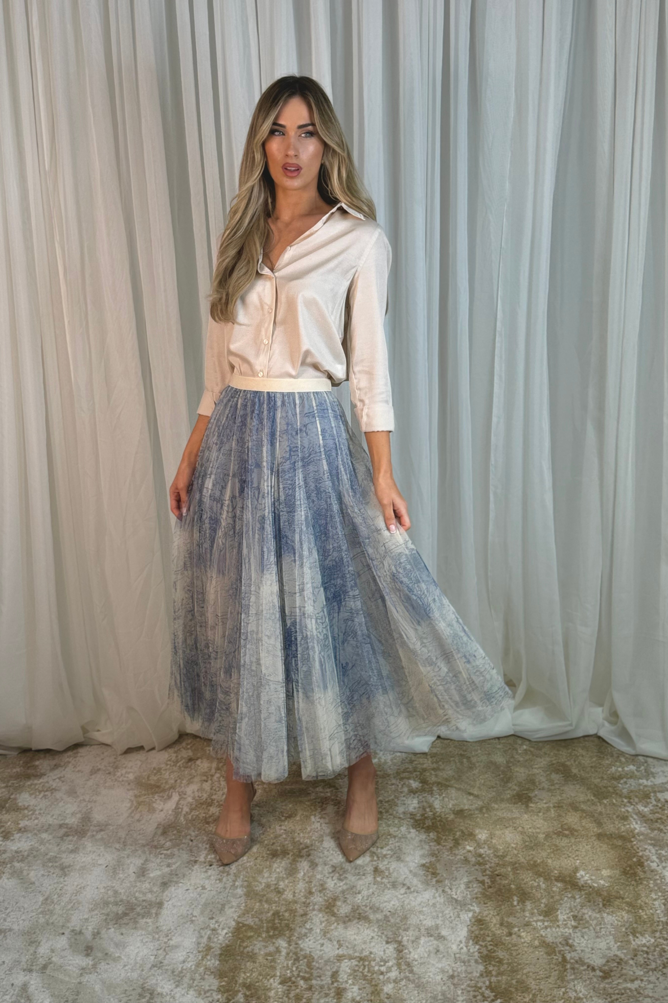 Carolyn Printed Tulle Skirt In Blue Mix