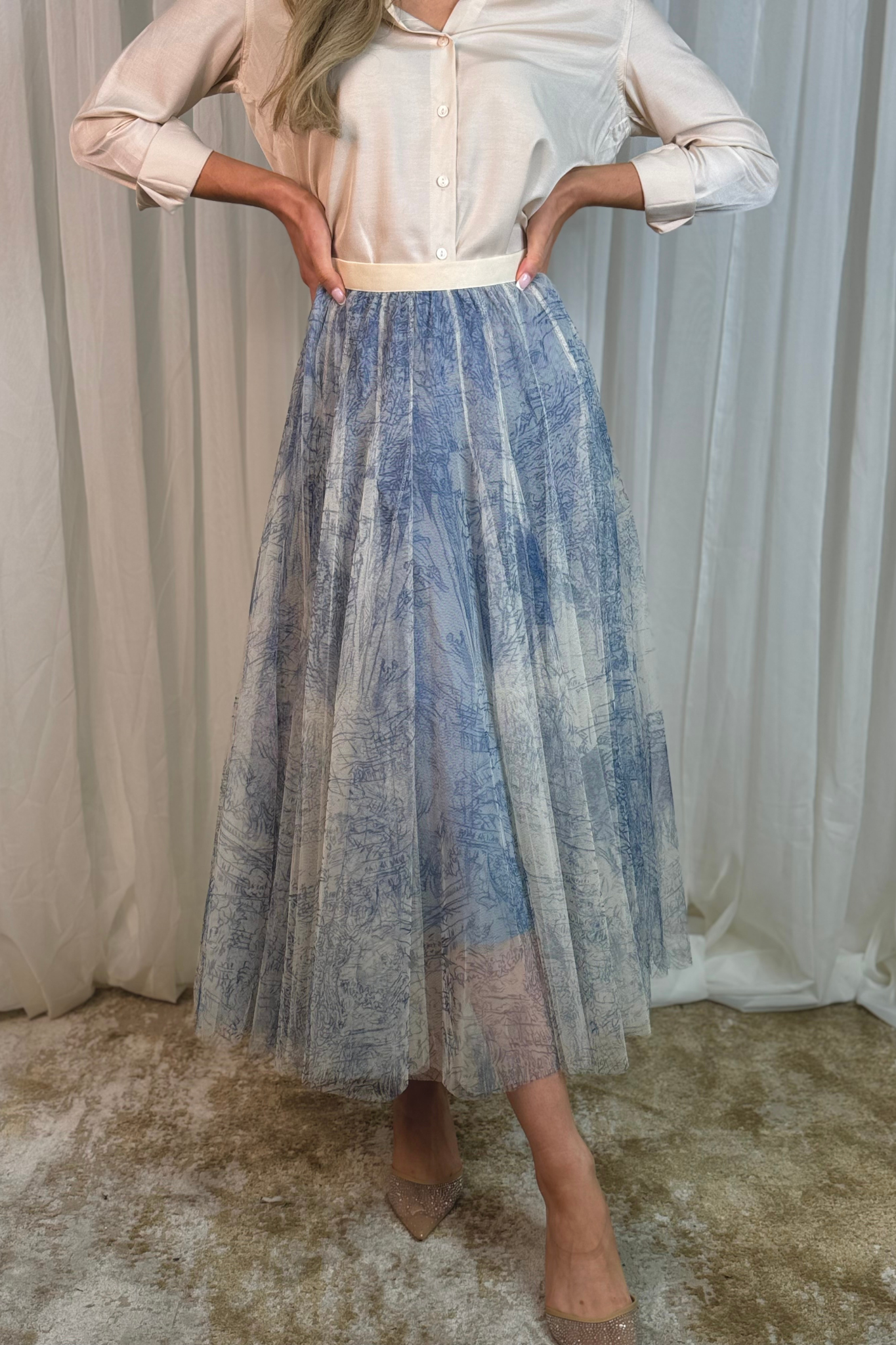 Carolyn Printed Tulle Skirt In Blue Mix