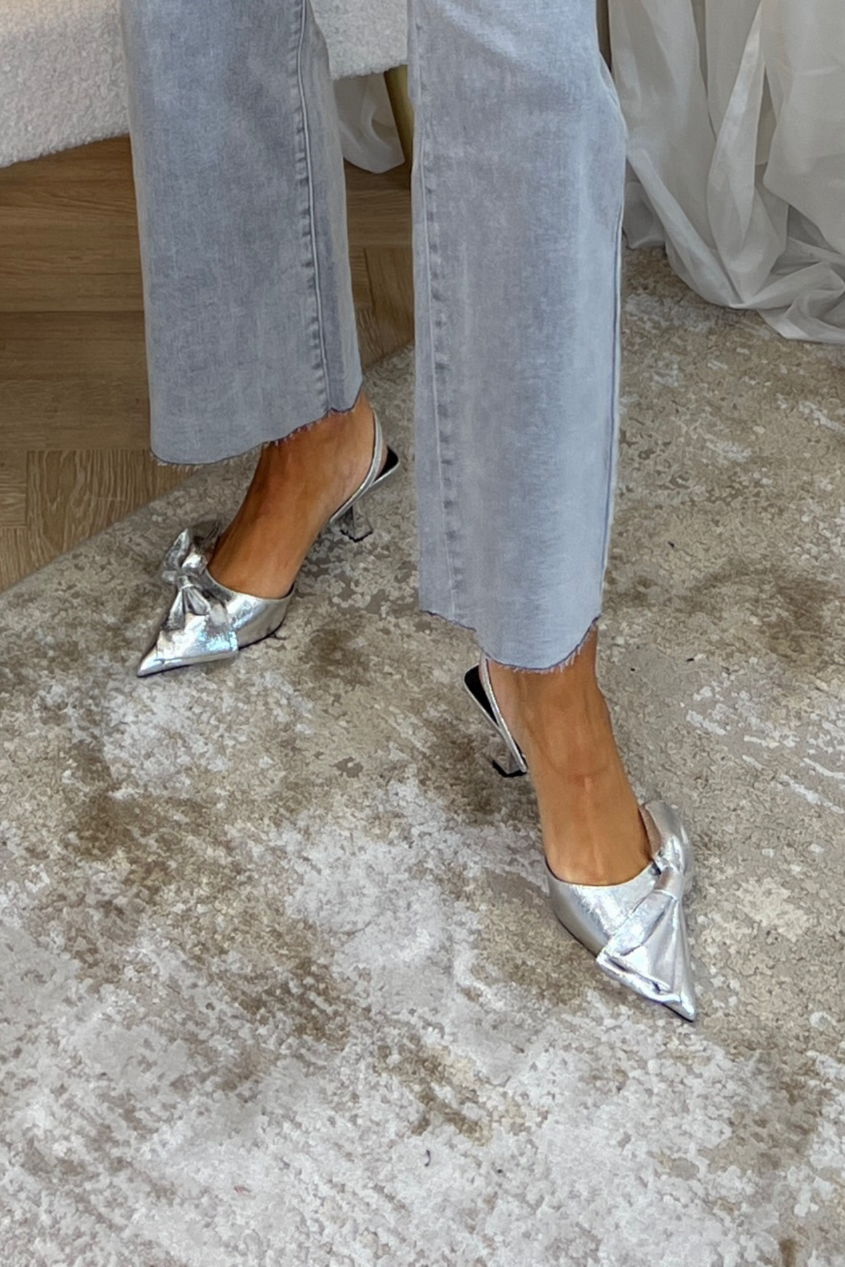 Sadie Metallic Slingback With Bow In Silver