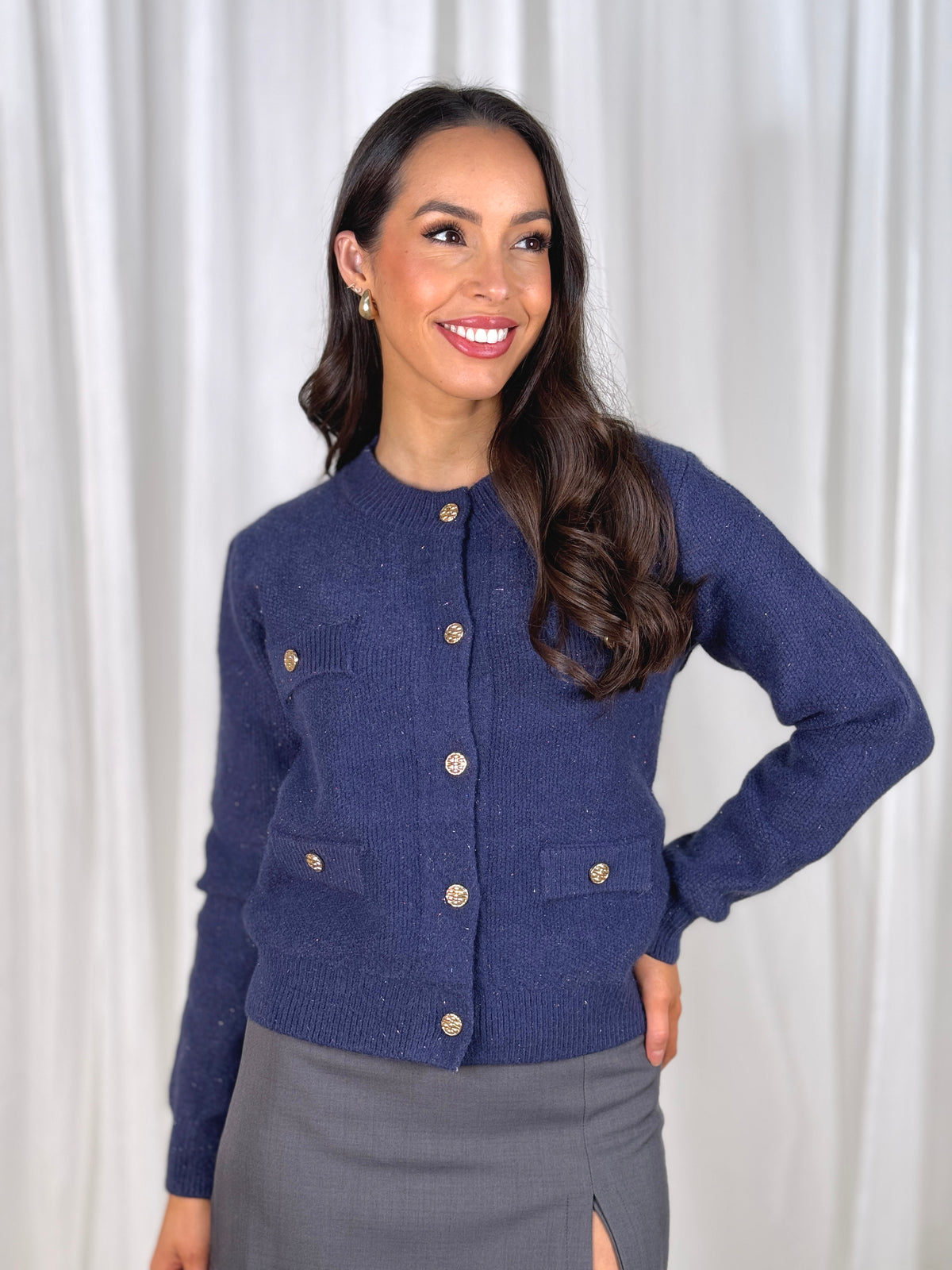 Elsa Pocket Front Cardigan In Navy