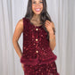 Polly Faux Fur Trim Sequin Waistcoat In Wine