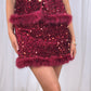 Polly Faux Fur Trim Sequin Skirt In Wine
